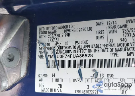 2015 Ford Escape S из США, поврежденный, VIN 1FMCU0F74FUA86528